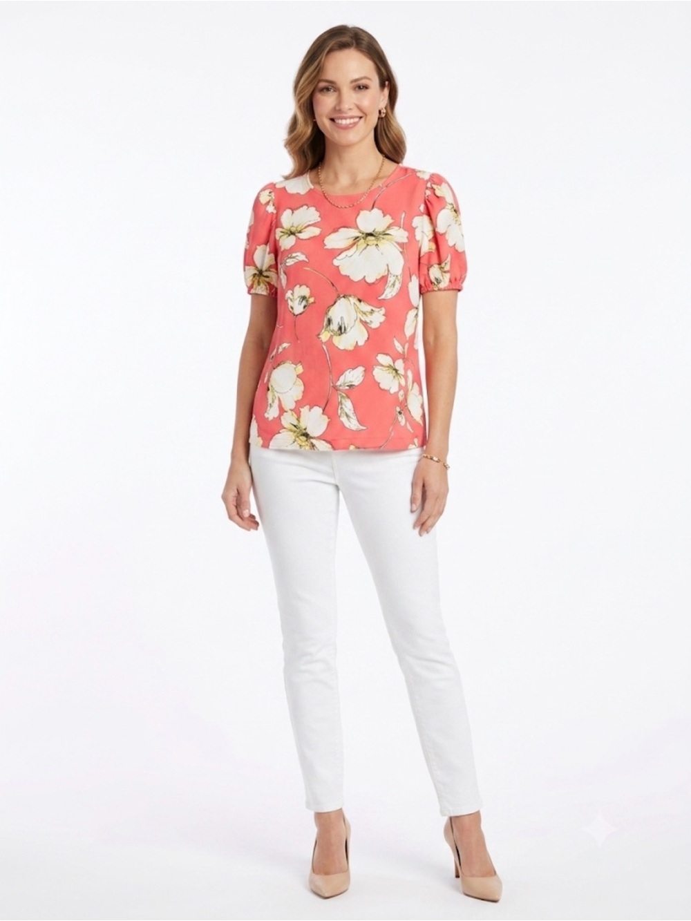 Worthington Coral Pink Floral Puff Sleeve Blouse Medium Lightweight Top